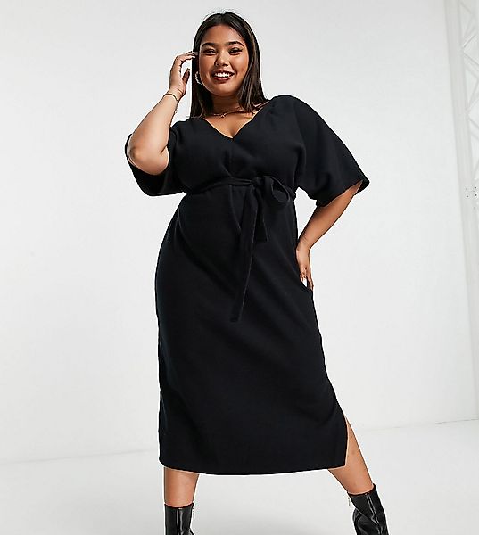 ASOS DESIGN Curve – Sehr weiches Midi-Pulloverkleid in Schwarz mit V-Aussch günstig online kaufen