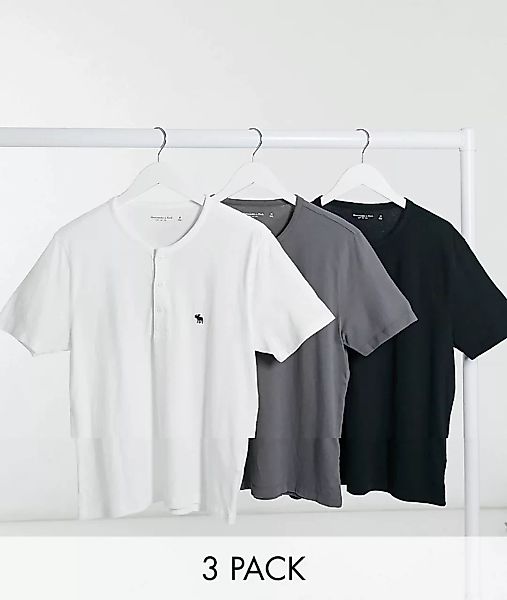 Abercrombie & Fitch – Henley – T-Shirts im 3er-Pack in Schwarz, Weiß, Grau- günstig online kaufen