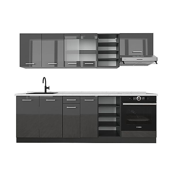 Vicco R-Line Küchenzeile Anthrazit Hochglanz/Anthrazit 240 cm AP Marmor günstig online kaufen