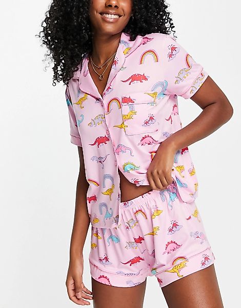 Chelsea Peers – Kurzer Pyjama in Rosa mit Regenbogen-Dinosaurier-Muster und günstig online kaufen