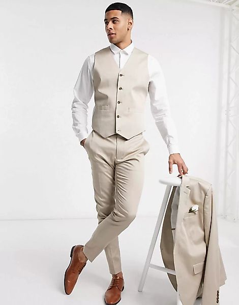 ASOS DESIGN Wedding – Superenge Anzugweste aus Baumwolle in Stein-Neutral günstig online kaufen