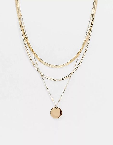 ASOS DESIGN – Mehrreihige, goldfarbene Halskette mit Ketten- und Scheibenan günstig online kaufen