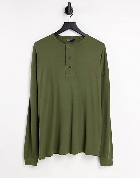 ASOS DESIGN – Langärmliges Oversize-Shirt in Khaki mit Rippstruktur-Grün günstig online kaufen