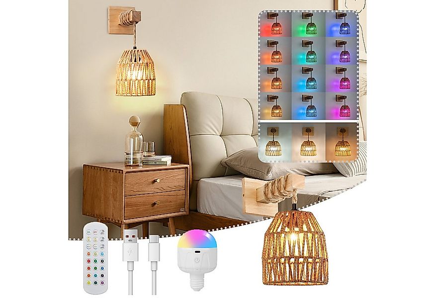 Jibenhome LED Wandleuchte Rattan Wandleuchte Batteriebetriebe,RGB Dimmbar,A günstig online kaufen