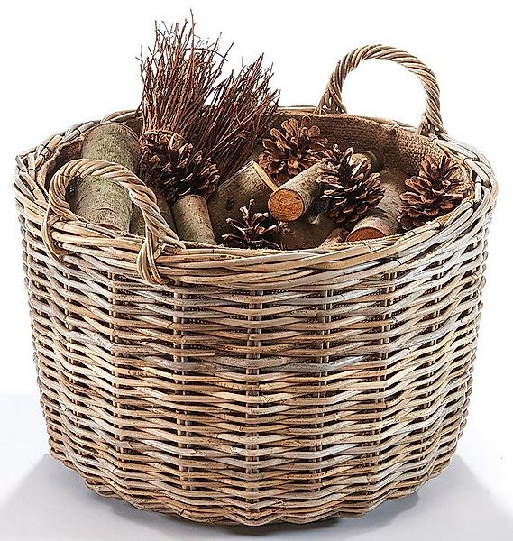 Kobolo Kaminholzkorb Holzkorb rund aus grauem Rattan mit Leinenstoff günstig online kaufen