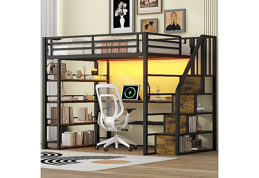 Flieks Hochbett LED Metallbett 140x200cm mit Stauraumtreppe, Schreibtisch u günstig online kaufen