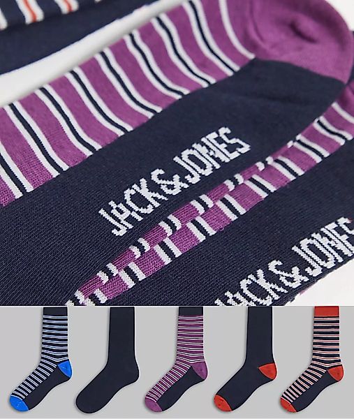 Jack & Jones – 5er-Set bunt gestreifte Socken-Lila günstig online kaufen