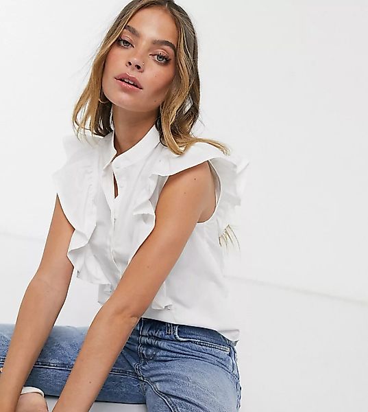 ASOS DESIGN Petite – Ärmelloses Hemd mit Rüschenverzierung in Weiß günstig online kaufen