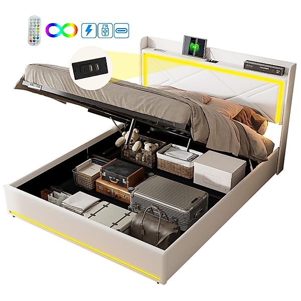 FUROKOY Polsterbett LED-Beleuchtung Kunstleder Hydraulisch Doppelbett günstig online kaufen