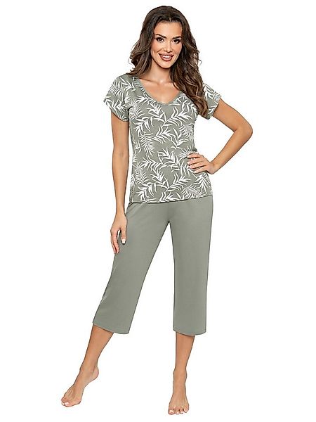 Donna Capri-Pyjama 3/4 Schlafanzug mit Palmen-Druck & Basic-Hose in oliv (2 günstig online kaufen