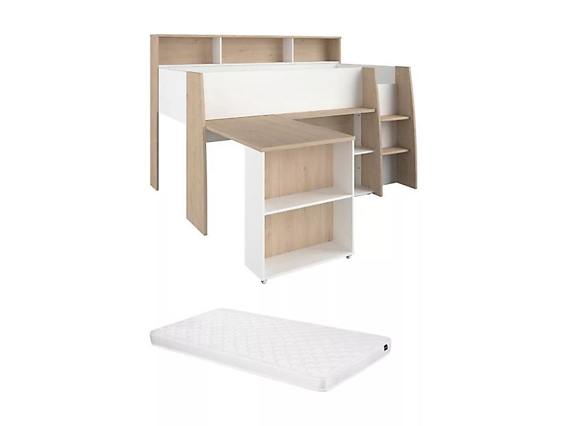 Kombibett - 90 x 200 cm - mit Schreibtisch & Stauraum - Weiß & Holzfarben + günstig online kaufen