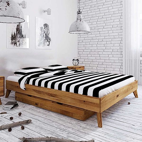 Einzelbett aus Wildeiche Massivholz Kopfteil günstig online kaufen
