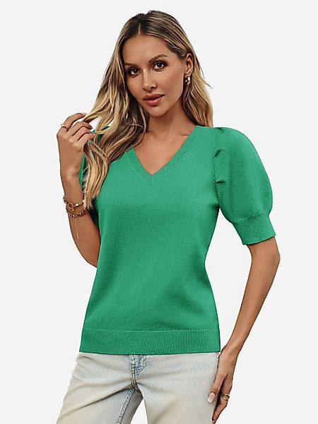 Imily Bela Stricktop Damen Halbarm Puffärmel V-Ausschnitt Top Stricken Somm günstig online kaufen