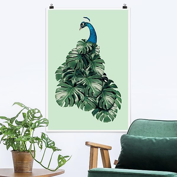 Poster - Hochformat Pfau mit Monstera Blättern günstig online kaufen