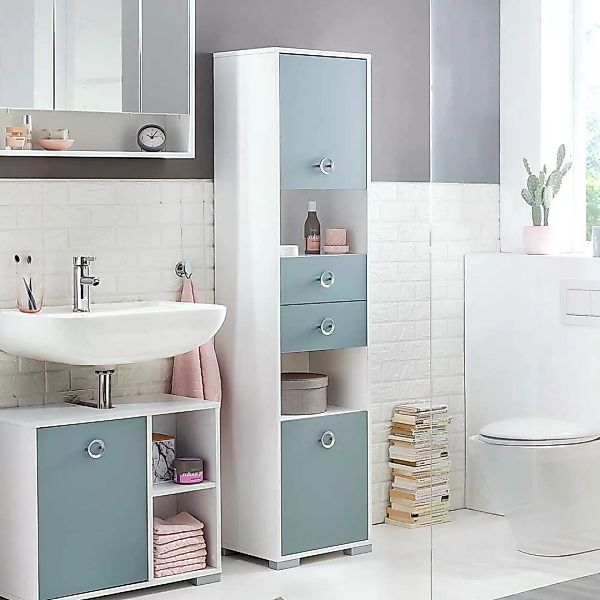 Badezimmer Hochschrank in Hellblau und Weiß modern günstig online kaufen