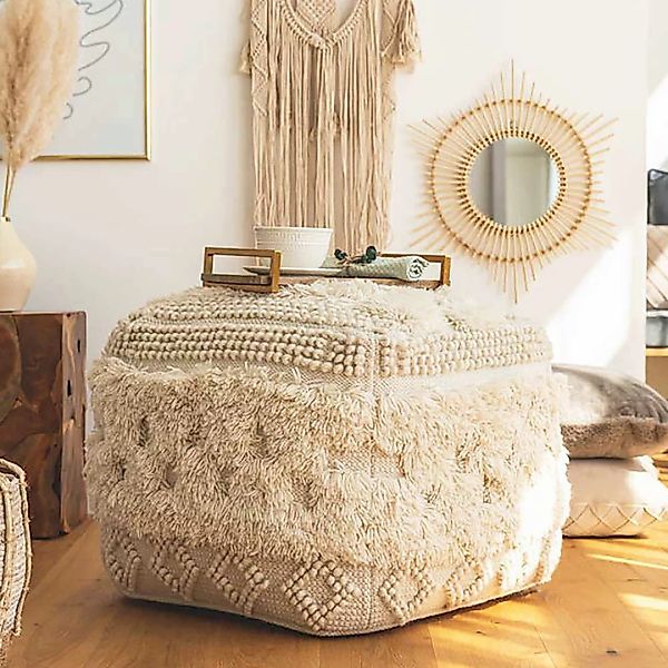 Stoffhocker in Cremeweiß Boho Style günstig online kaufen
