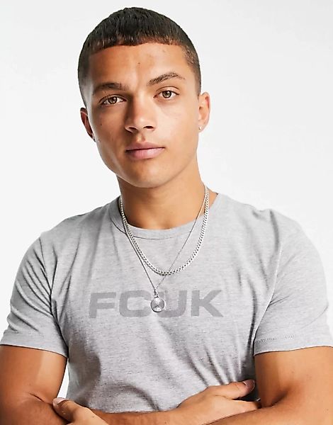 FCUK – T-Shirt in Hellgrau mit beflocktem Logo günstig online kaufen