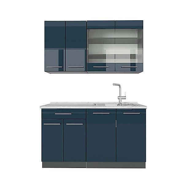 Vicco Fame-Line Singleküche Dunkelblau Hochglanz/Anthrazit 140 cm AP Marmor günstig online kaufen