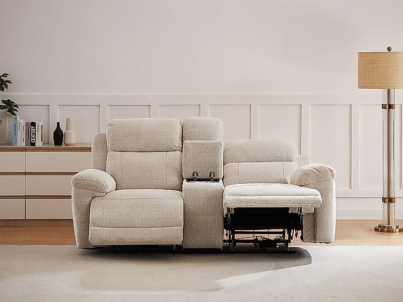 Relaxsofa elektrisch 2-Sitzer mit Ablage - melierter Stoff - Beige - KELUNO günstig online kaufen