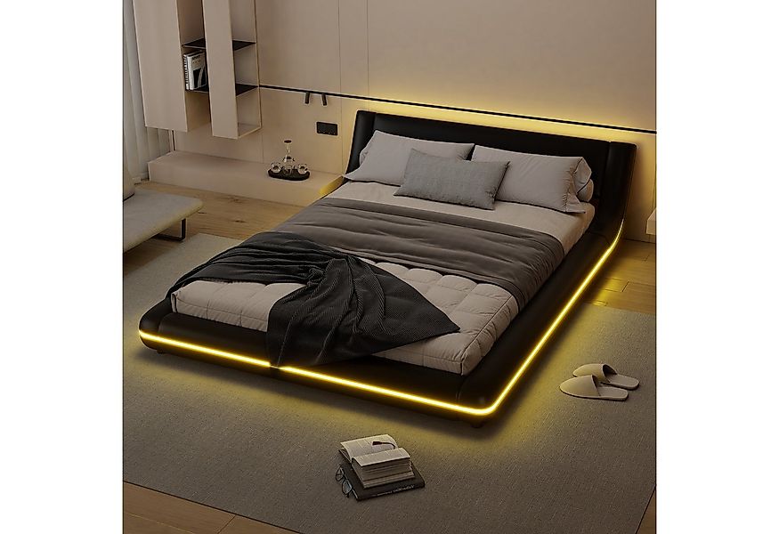 Ulife Polsterbett modern Design Doppelbett mit LED-Umgebungslicht Lattenros günstig online kaufen