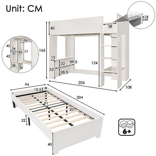 Flieks Hochbett Kinderbett Etagenbett 90x200cm mit Stauraumfächern und Klei günstig online kaufen
