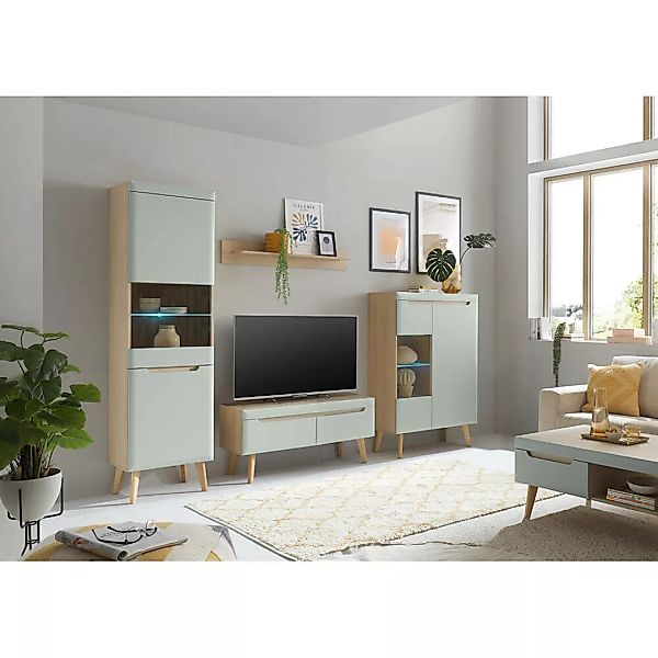 Wohnzimmer Set in Grün Matt mit Eiche STOCKTON-61, 5-teilig inkl. Couchtisc günstig online kaufen