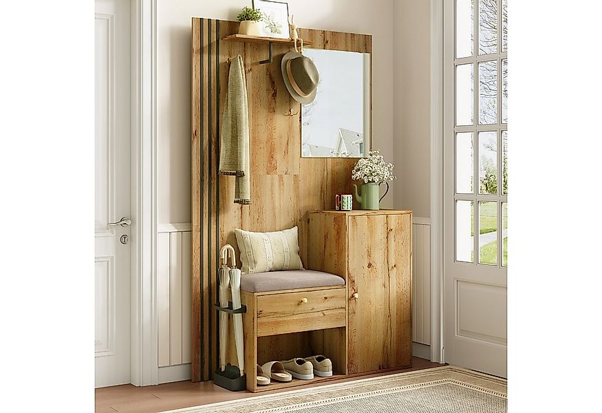 Merax Garderoben-Set Kompaktgarderobe mit Spiegel, Sitzkissen & schwarzer Z günstig online kaufen