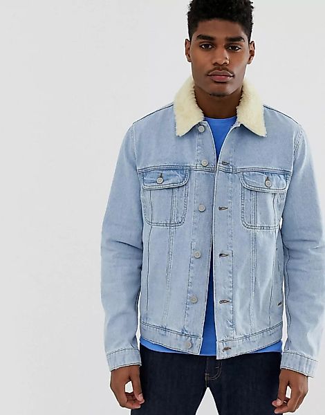 ASOS DESIGN – Hell verwaschene Jeansjacke mit abnehmbarem Teddy-Kragen-Blau günstig online kaufen