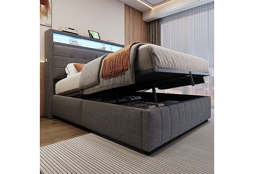 Flieks Polsterbett, LED hydraulisches Doppelbett 140x200cm mit USB-Aufladen günstig online kaufen