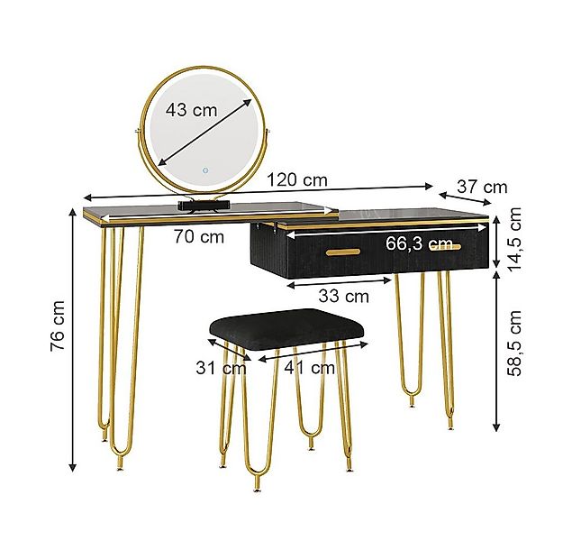 Vicco Schminktisch Zoey, Schwarz Hochglanz, 120 cm mit LED Spiegel und Hock günstig online kaufen