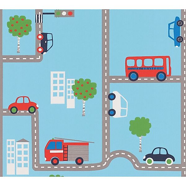 A.S. Création Tapete Autos Löschfahrzeuge Hubschrauber und Kräne Blau 53 cm günstig online kaufen