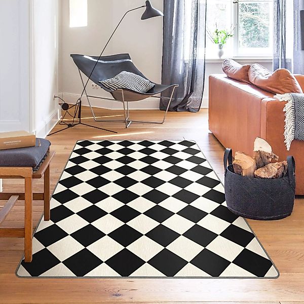 Teppich Geometrisches Muster gedrehtes Schachbrett Schwarz Weiß günstig online kaufen