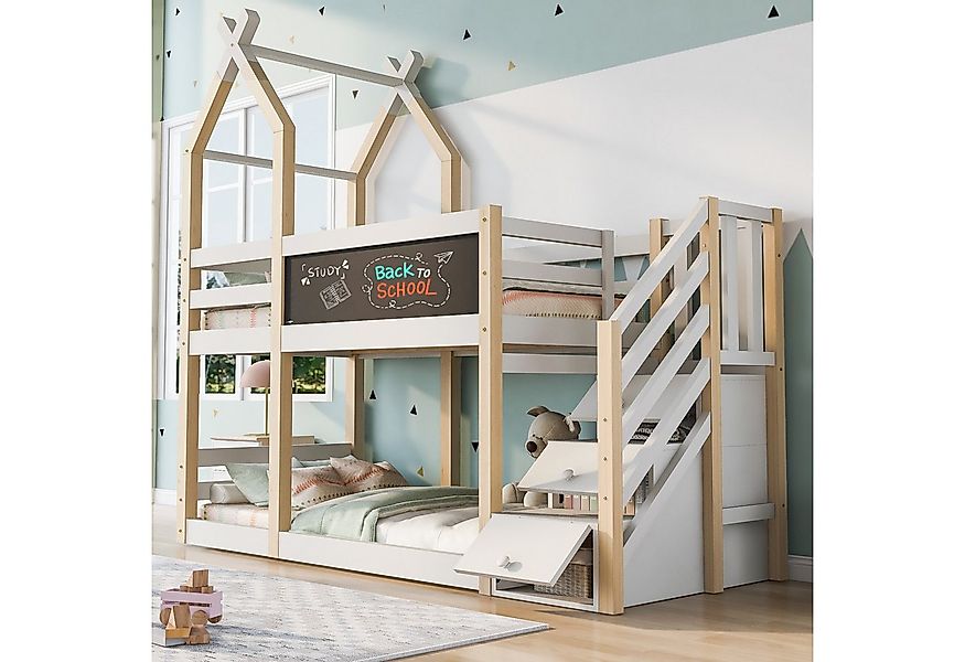 Merax Etagenbett Massivholz Hochbett, Kinderbett 90x200cm mit Stauraumtrepp günstig online kaufen