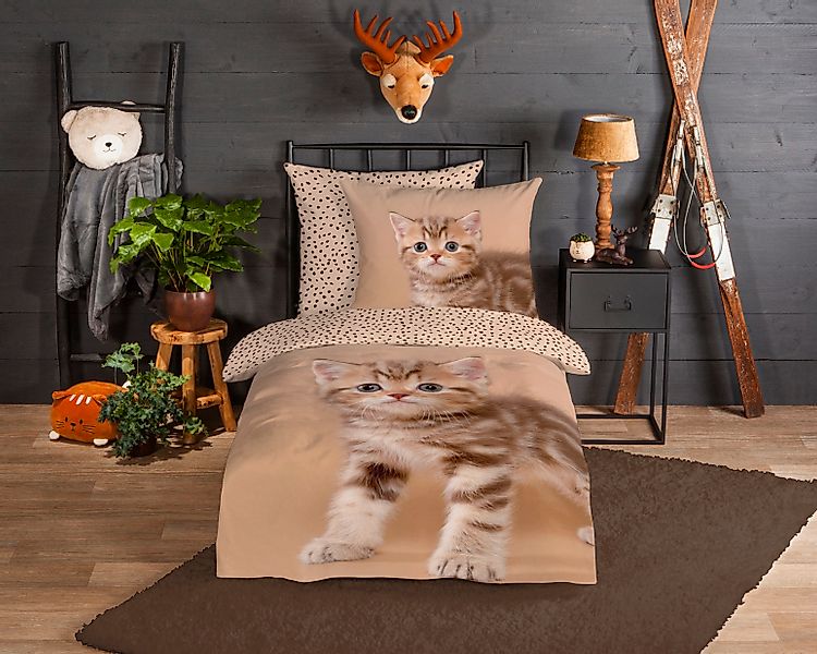 good morning Kinderbettwäsche »Stripe kitty«, Biber, 135x200, Warm, Weich, günstig online kaufen