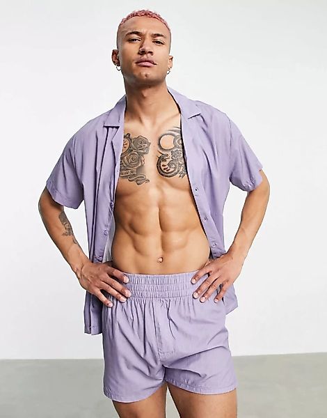 ASOS DESIGN – Gewebtes Pyjama-Set mit Gittermuster-Mehrfarbig günstig online kaufen