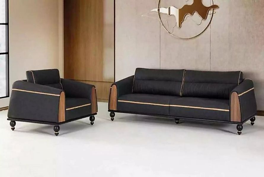 JVmoebel Sofa Schwarze Sofas Set Moderne Garnitur Dreisitzer Sessel Stoffmö günstig online kaufen