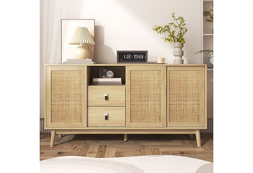 Celya Sideboard Kombikommode mit 3 Schiebetüren aus echtem Rattan und 2 Sch günstig online kaufen