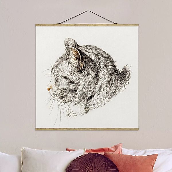 Stoffbild Tiere mit Posterleisten - Quadrat Vintage Zeichnung Katze III günstig online kaufen