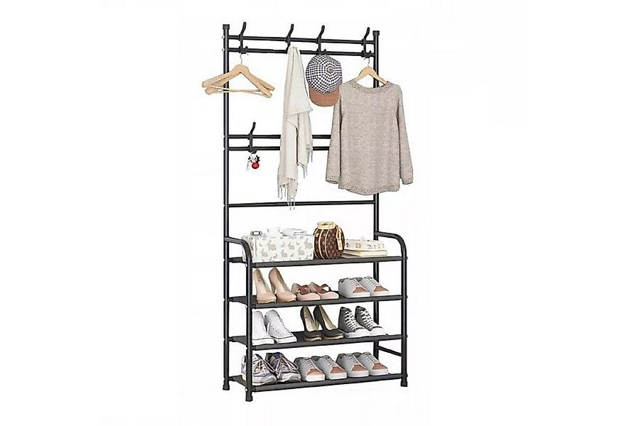 QLS Garderobenständer, mit Schuhregal 8 Haken 4 Ebenen Freistehend Stahl Sc günstig online kaufen