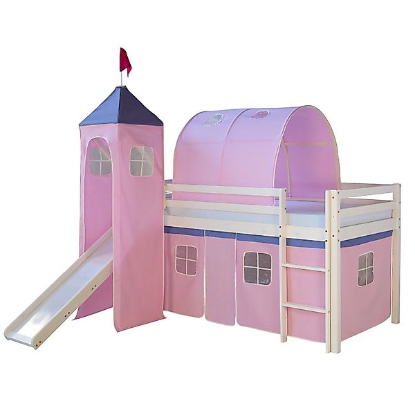 Homestyle4u Hochbett 90x200 mit Vorhang Lattenrost Matratze Rutsche Tunnel günstig online kaufen