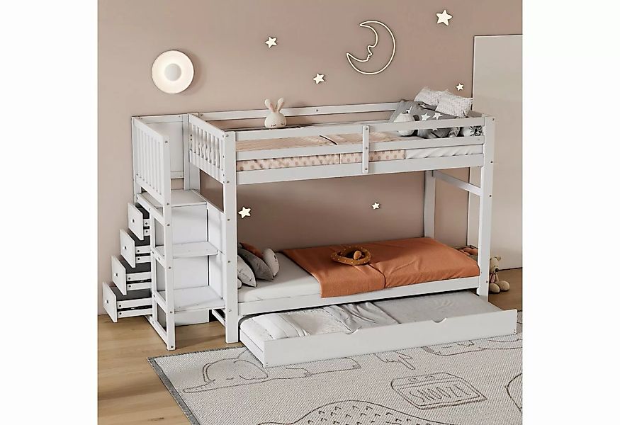 Flieks Etagenbett, 3er Kinderbett 90x200cm mit 4 Schubladen und Ausziehbett günstig online kaufen