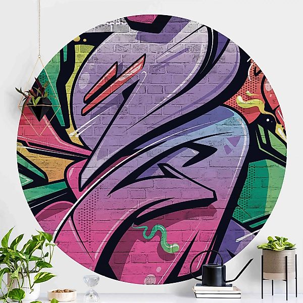 Runde Tapete selbstklebend Bunte Graffiti Backsteinwand günstig online kaufen