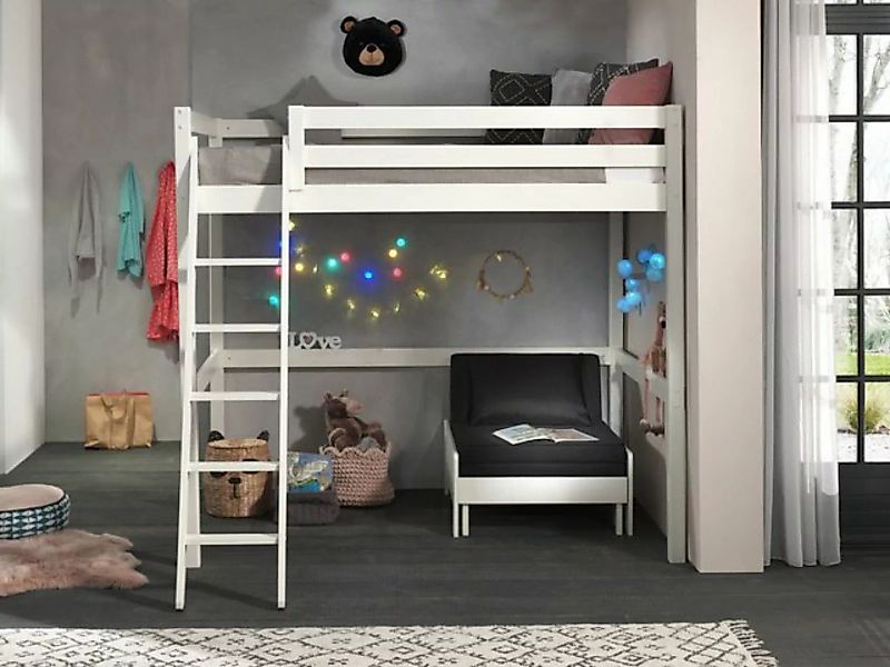Natur24 Kinderbett Hochbett mit Sesselbett Pino 140x200cm Kiefer Weiß günstig online kaufen