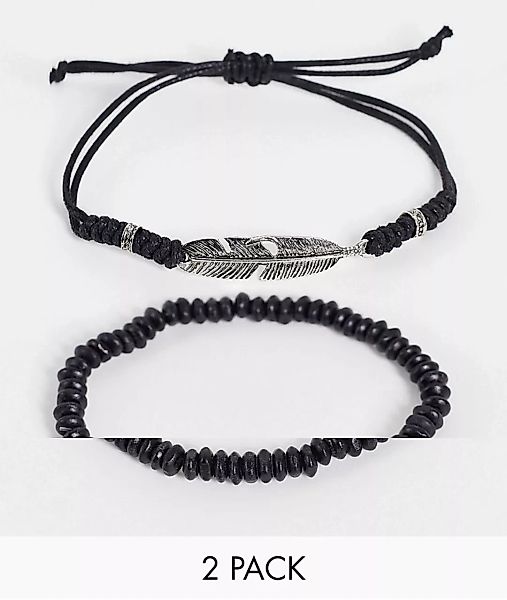 ASOS DESIGN – 2-Pack Cord-Armbänder mit Perlen in Schwarz und Anhänger günstig online kaufen