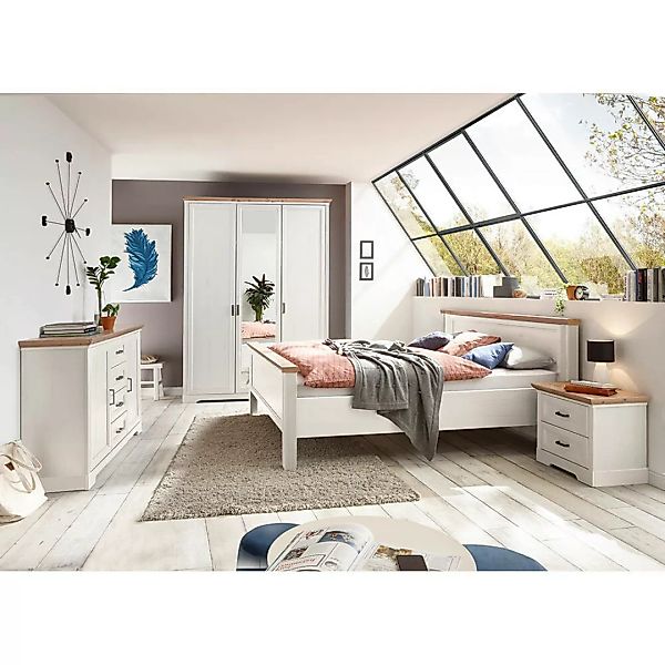 Schlafzimmer Set 4-teilig Bett 160x200cm Pinie weiß mit Eiche JÜLICH-77 günstig online kaufen