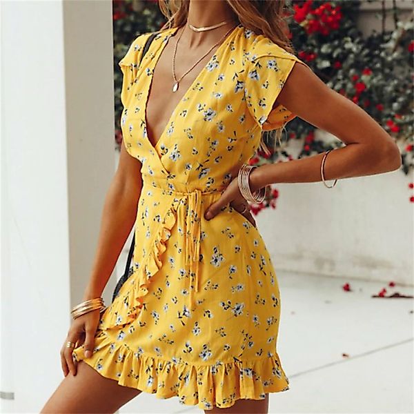 RUZU UG Dirndl Elegantes bedrucktes Sommerkleid für Damen im Pendlerstil V- günstig online kaufen