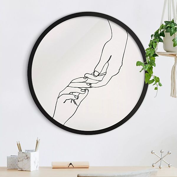 Rundes Gerahmtes Bild Line Art Hände Berührung Schwarz Weiß günstig online kaufen