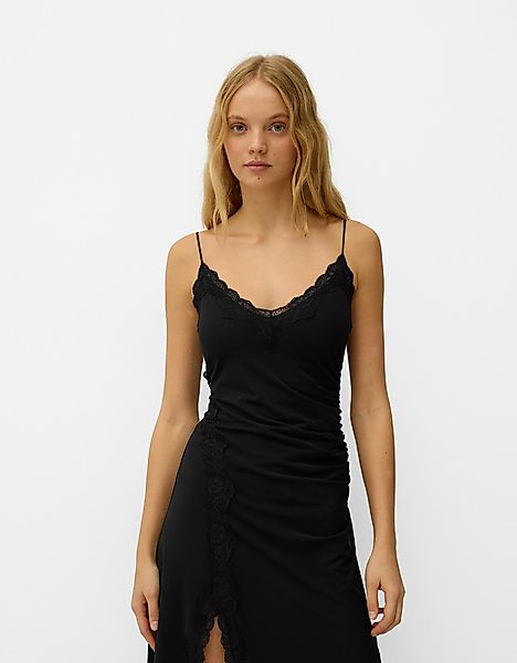 Bershka Midikleid Aus Tüll Mit Spitze Damen S Schwarz günstig online kaufen