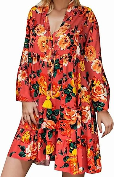 KIKI Blusenkleid Kleid 3/4 arm Damen V-Ausschnitt Casual Swing Kleid Blumen günstig online kaufen