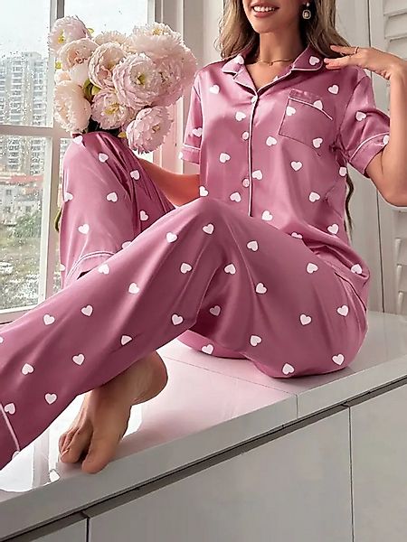 Elegant Love Schlafanzug Satin Pyjama-Set Damen – Nachtwäsche mit Herzmuste günstig online kaufen